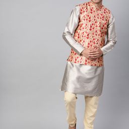 SOJANYA Men Beige & Red Printed Nehru Jacket image 3