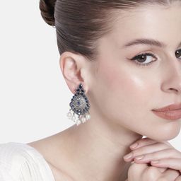 AITIHYA Silver-Plated Stones-Studded Teardrop Shaped Oxidised Drop Earrings-7