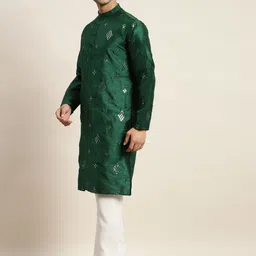 SOJANYA Men Green Embroidered Mirror Work Kurta with Pyjamas & Nehru Jacket image 4
