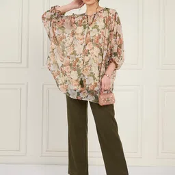 Antheaa Off White Floral Printed Tie Up Puff Sleeves Sequined Tunic With Trouser image 2