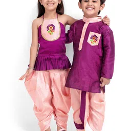 BownBee Girls Purple & Peach-Coloured Embroidered Top with Dhoti Pants-image-43