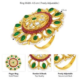 Peora Gold-Plated Kundan Studded & Beaded Adjustable Finger Ring image 4
