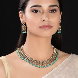 Rubans Gold-Plated White & Blue Stone-Studded Beaded Handcrafted Jewellery Set-picture-44