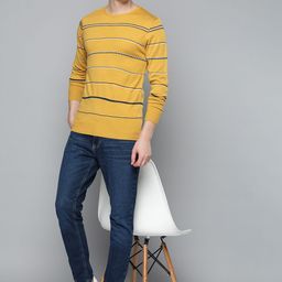 Mast & Harbour Men Mustard Yellow Striped Acrylic Pullover-picture-18