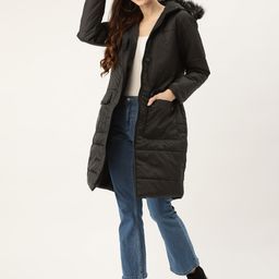 DressBerry Women Black Solid Longline Parka Jacket-image-43