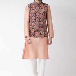 KISAH Men Navy Blue & Peach-Coloured Printed Nehru Jacket image 5