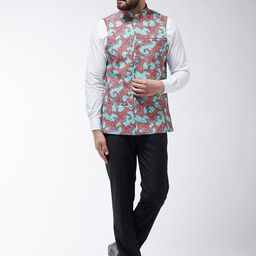 SOJANYA Men Sea Green & Red Printed Nehru Jacket image 3
