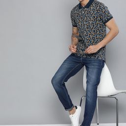 Mast & Harbour Men Navy Blue & Mustard Yellow Floral Printed Polo Collar Pure Cotton T-shirt-image-24