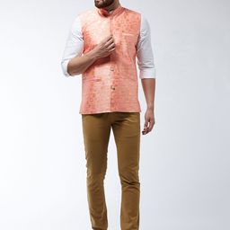 SOJANYA Men Peach- Coloured & Gold-Coloured Woven Design Nehru Jacket image 2