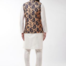 SOJANYA Men Off-White & Peach-Coloured Kurta with Churidar & Printed Nehru Jacket image 3