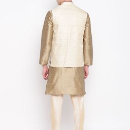 MAG Men Taupe & Cream-Coloured Self Design Kurta with Churidar & Nehru Jacket image 2