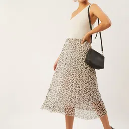 ANVI Be Yourself Women Off-White & Black Animal Printed Pleated A-Line Midi Skirt-image-96