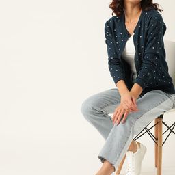 DressBerry Women Navy Blue & Off-White Acrylic Printed Cardigan-image-48