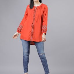 Vishudh Women Rust Orange Printed High-Low Top image 5