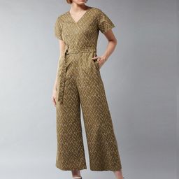 DOLCE CRUDO Women Olive Green & White Printed Belted Jumpsuit-image-75