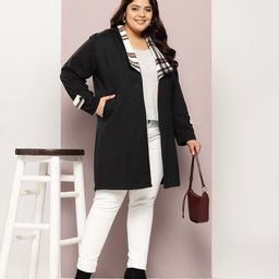 Qurvii+ Plus Size Open Front Checked Contrast Collar Overcoat image 3