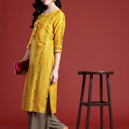 Anouk Floral Printed Tie-Up Neck Calf-Length Straight Kurta-16