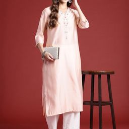 Anouk Floral Embroidered V-Neck Beads & Stones Studded Straight Kurta-picture-49