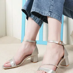 ZENVO Strapy Embellished Ankle Loop Open Toe Block Heels image 1
