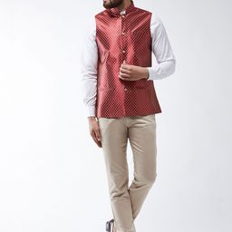 SOJANYA Men Maroon Woven Design Nehru Jacket image 2
