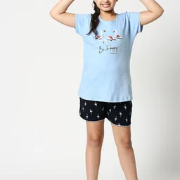 Zeyo Girls Blue & Black Flamingo Printed Cotton Night Suit-image-20