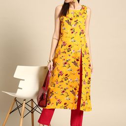 Anouk Women Mustard Yellow & Pink Floral Printed Kurta-image-64