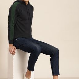 ether Men Navy Blue & Green Solid Hooded Pullover with Colourblocked Detail-image-65