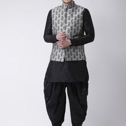 DEYANN Men Grey Printed Nehru Jacket & Pocket Square image 4