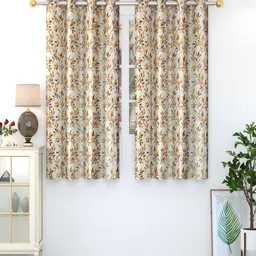 Homefab India Fern Brown & Cream-Coloured 2 Pcs Floral Printed Floral Window Curtains-15