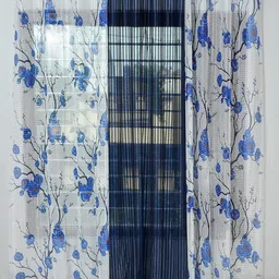 Homefab India Navy Blue & White 3 Pieces Floral Printed Sheer Window Curtains-image-41