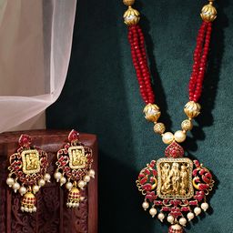 Rubans Gold-Plated & Red Stone-Studded & Pearl Beaded Handcrafted Jewellery Set-16