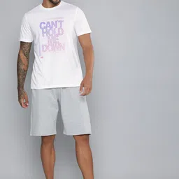 HRX by Hrithik Roshan Men White & Lavender Typography Printed Pure Cotton T-shirt-image-6
