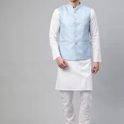 MANQ Blue & White Ethnic Motifs Jaquard Woven Design Nehru Jacket image 3