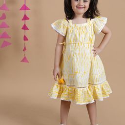 Little Llama Girls Tie and Dye Shoulder Straps Cold Shoulder Pure Cotton Fit & Flare Dress-image-38