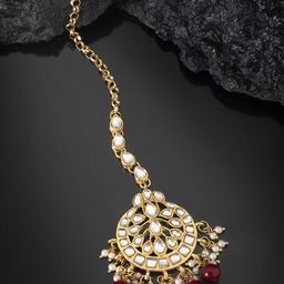 Peora White & Maroon Gold-Plated Kundan-Pearls Handcrafted Maang Tikka-2