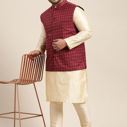 SOJANYA PLUS Men Plus Size Maroon & Blue Checked Nehru Jacket image 5