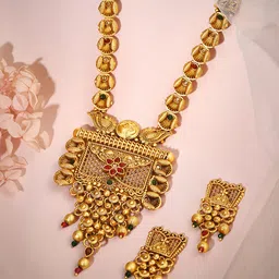 Rubans 24K Gold Plated Ruby and Emerald Studded Golden Beaded Traditional Necklace Set-image-38