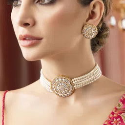 Rubans Gold-Plated White Kundan-Studded & Pearl Beaded Jewellery Set-21