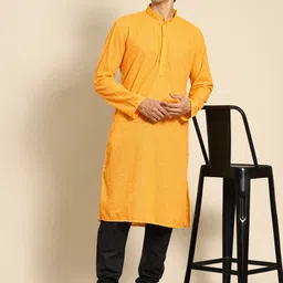 RAJUBHAI HARGOVINDAS Men Yellow Cotton Embroidered Chikankari Kurta image 2