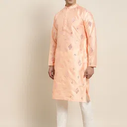 SOJANYA Men Peach-Coloured Embroidered Mirror Work Kurta with Pyjamas & Nehru Jacket image 5