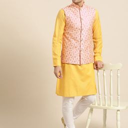 SOJANYA Men Peach-Coloured & Golden Embroidered Nehru Jacket image 3