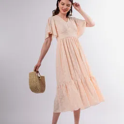 Stylecast X Hersheinbox Flutter Sleeve Lace A-Line Midi Dress image 4
