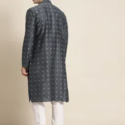 SOJANYA Men Charcoal Grey & White Self Design Kurta with Churidar image 2
