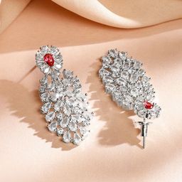 Rubans Rhodium-Plated Ruby Red & Cubic Zirconia Floral & Leaf-Inspired Luxe Jewellery Set image 3