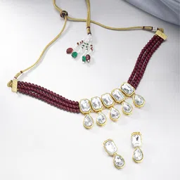 Peora Maroon Gold-Plated Crystal Studded Choker Necklace with Earrings Jewellery Set-image-18