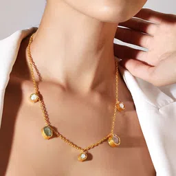 Rubans Voguish 18K Gold Plated Mint Green Pastel Pink & White Gemstone Studded Demi Fine Necklace-picture-44