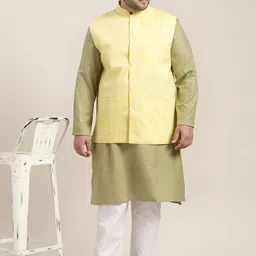 SOJANYA PLUS Men Plus Size Lemon Yellow Woven-Design Nehru Jacket image 2