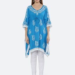 FAWOMENT Women Navy Blue Ethnic Motifs Printed Chikankari Kaftan Kurta-image-49