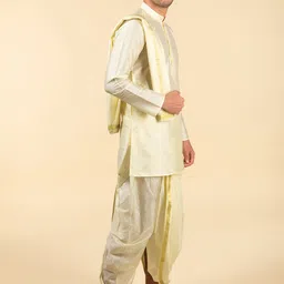 TATTVA Men Cream-Coloured & Solid Kurta with Dhoti Pants & Dupatta image 4