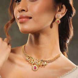 Rubans 22K Gold Plated Ruby Pink & Emerald Cubic Zirconia Studded Necklace Set-15